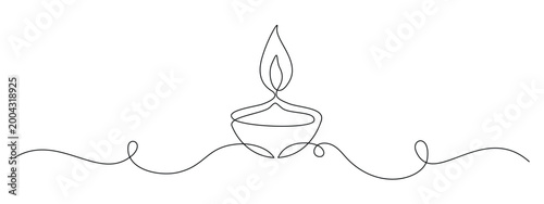 Continuous line art drawing of diwali diya lamp with beauty ornament. Vector illustration featuring golden candle outline and decorative elements for festive greeting card design