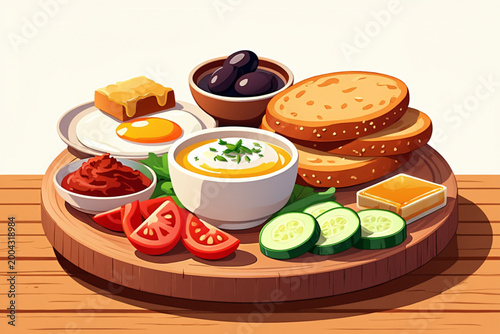 Turkish Breakfast Board – Simit Bread, Olives, Cheese and Honeycomb Vector Illustration
