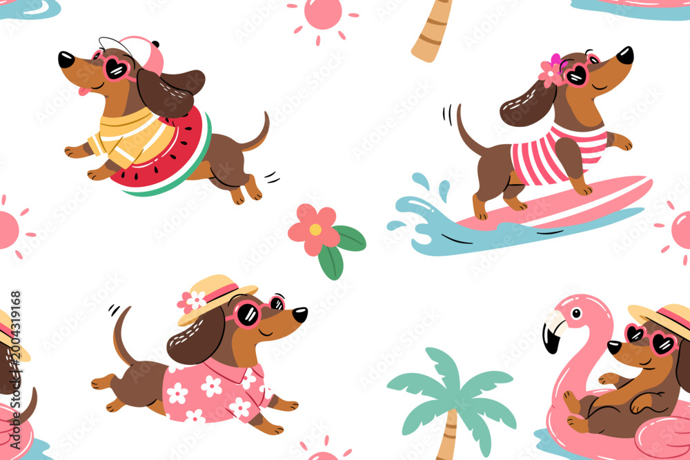 Naklejka premium Cute dachshund summer seamless pattern with surfing swimming running and relaxing dogs in tropical vacation style cartoon illustration