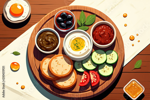 Authentic Turkish Breakfast Platter – Simit, Cheese, Olives, Egg and Honey Vector