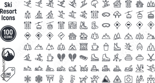 Ski resort icons set with 100 monoline graphics travel and leisure symbols