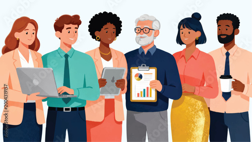 a diverse multicultural business team standing together in a row, six colleagues of different genders ethnicities and ages, each holding work-related items like laptop tablet clipboard chart and coffe