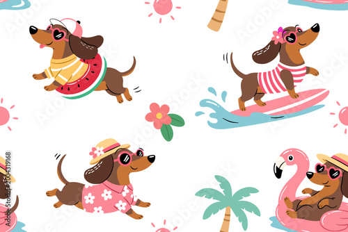 Cute dachshund summer seamless pattern with surfing swimming running and relaxing dogs in tropical vacation style cartoon illustration