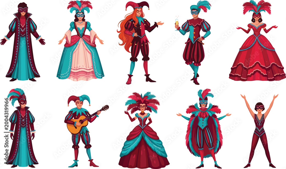 Fototapeta premium Colorful Carnival and Masquerade Costumes with Feathers, Masks, and Guitars for Fantasy, Performance, and Event Illustrations
