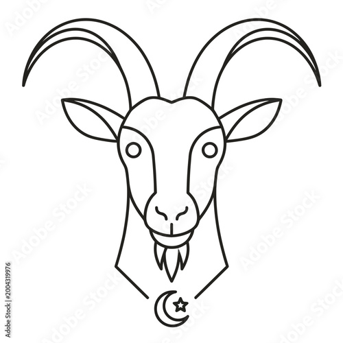 Goat head line art illustration with crescent moon and star