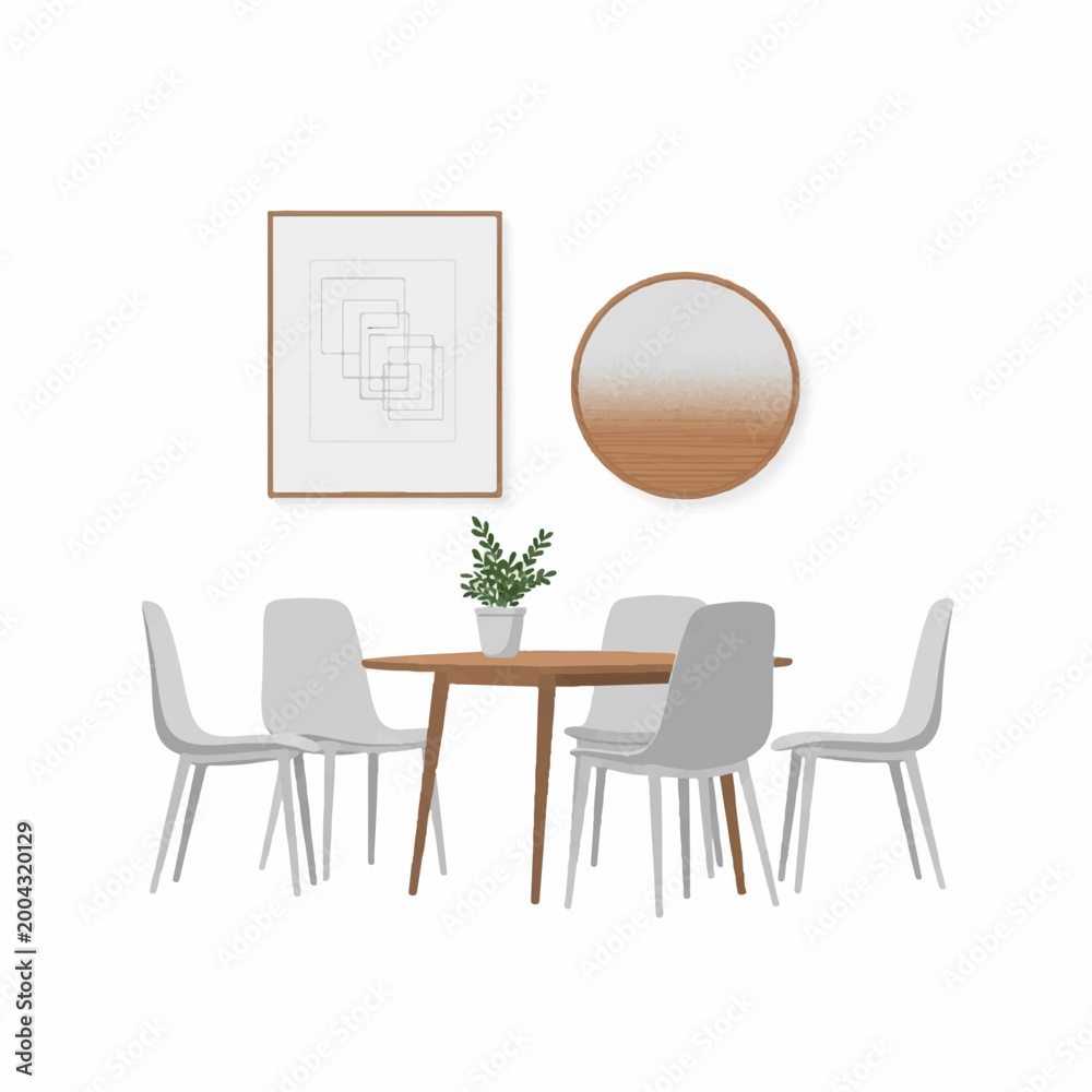 Fototapeta premium The minimalist dining room features a wooden table surrounded by gray chairs with a plant on it under a framed art piece and circular mirror.