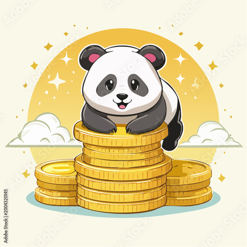 Cute Panda Sitting on Stack of Gold Coins