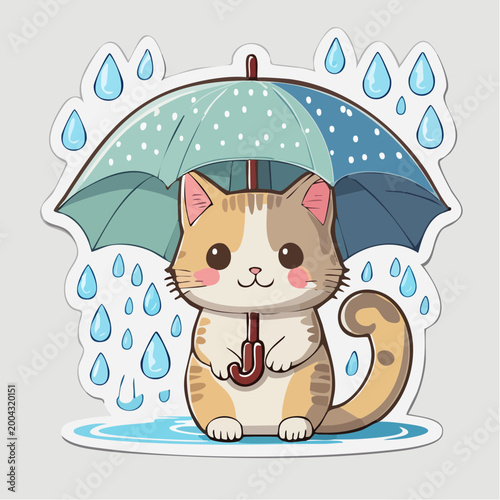 Cute Cat Under Umbrella in Rain