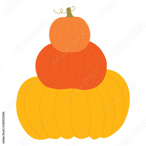 Stacked tower of three autumn pumpkins in yellow orange and dark orange colors isolated on white background.