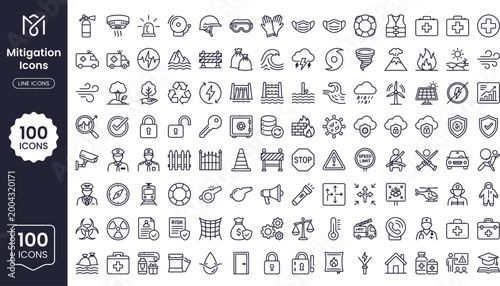 Mitigation icons set for business and environmental solutions 100 monoline style graphics