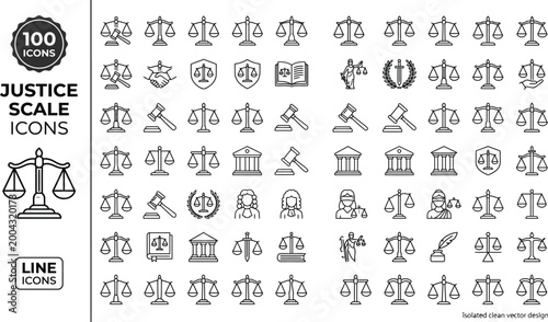 Collection of 100 minimalist line icons depicting justice and law symbols including scales legal documents and court buildings