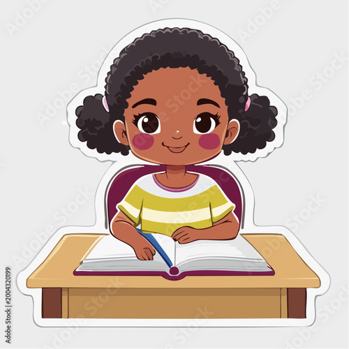 Cute Girl Studying at Desk with Book and Pencil