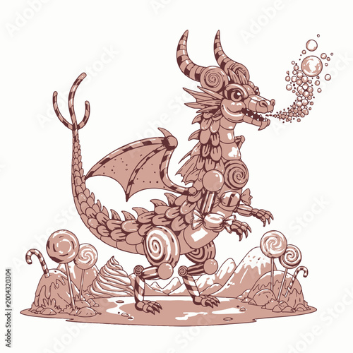 A fantasy dragon illustration breathes vector shapes in a whimsical landscape.