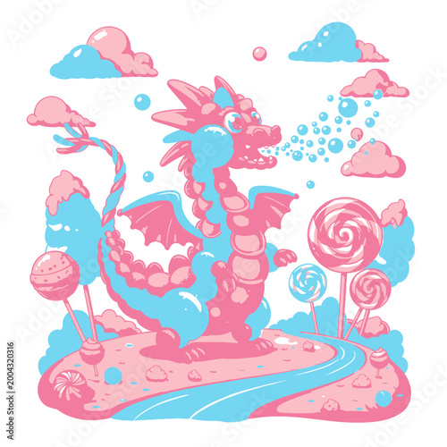 A pink dragon blows bubbles near candy on a whimsical landscape