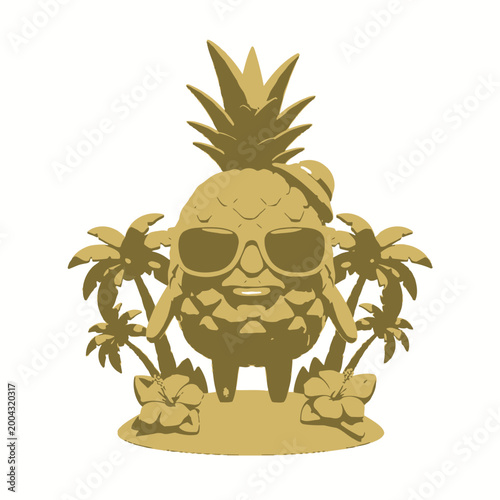 A cheerful pineapple character wearing sunglasses stands on a tropical beach surrounded by palm trees and flowers.