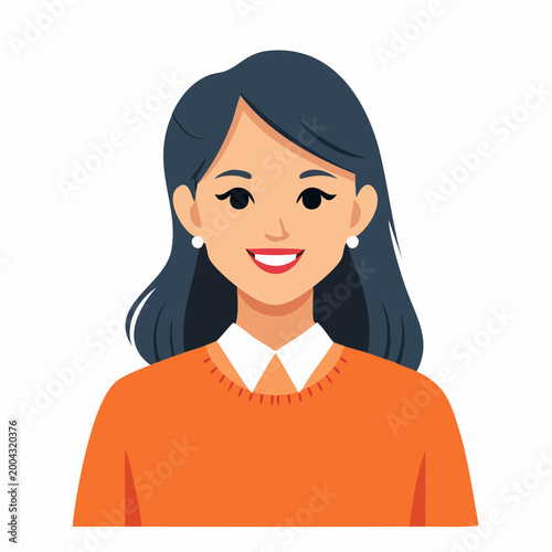 Smiling Woman Avatar with Dark Hair and Orange Sweater