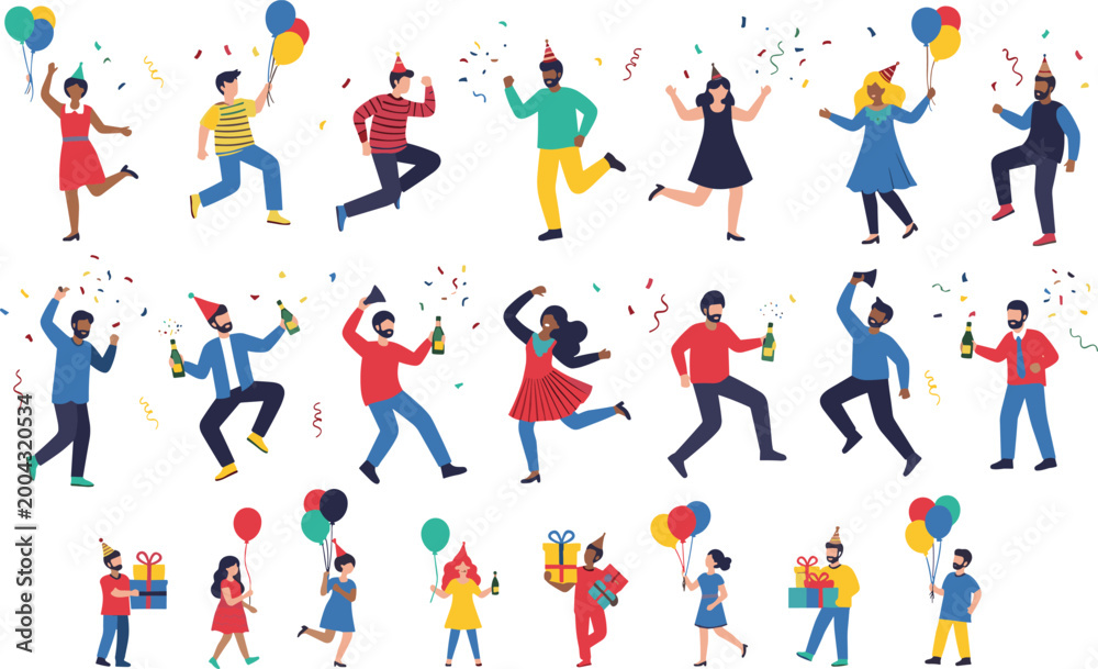 Fototapeta premium People Celebrating with Balloons, Confetti, and Party Hats for Fun, Party, and Social Event Illustrations
