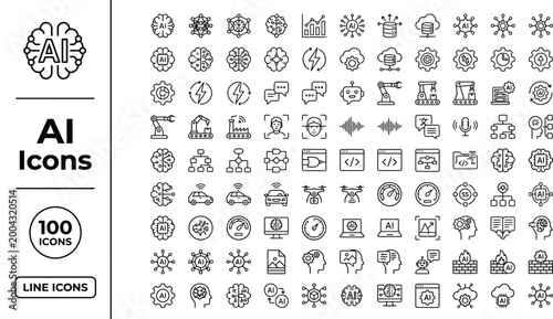Collection of 100 minimalist monoline ai icons for design and technology projects