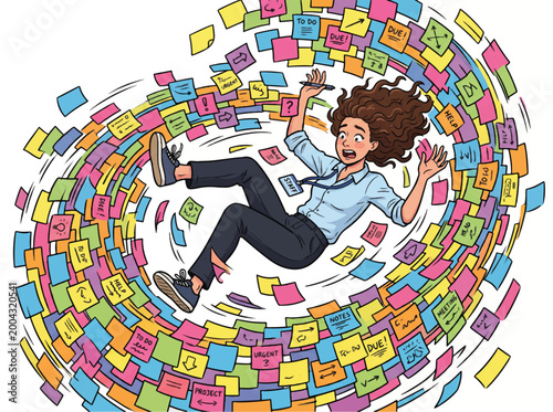 Cartoon illustration of a stressed businesswoman falling surrounded by swirling colorful sticky notes in a chaotic office setting with a sense of overwhelm.