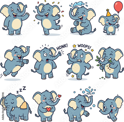 african bush elephant cute cartoon doodle vector set design illustration