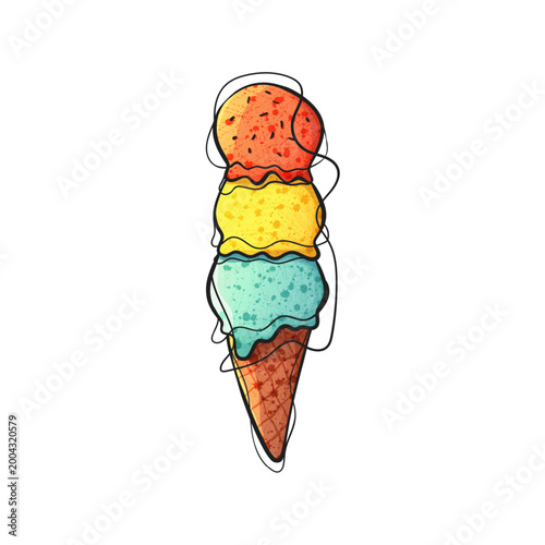 Watercolor Style Vector Three Scoop Ice Cream Waffle Cone Red Yellow Teal Hand Drawn