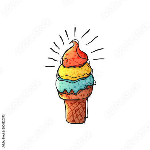 Watercolor Style Vector Soft Serve Swirl Ice Cream Waffle Cone Sunburst Hand Drawn