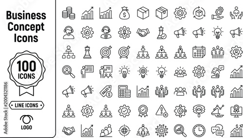 Business concept icons set for marketing and finance 100 monoline symbols