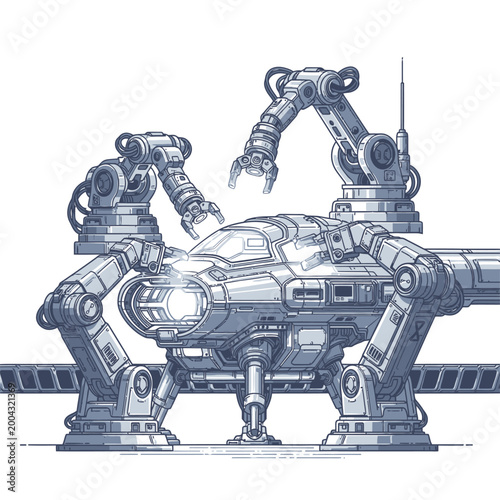 Robotic arms assemble a futuristic spaceship on a production line with precision tools and machinery.