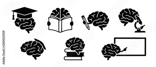 Brain Education Icons Set Vector, Learning and Science Symbols for Infographics, Academic Knowledge Concepts with Human Brain Silhouette Graphics for University and School Research Study Presentations