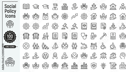 Set of 100 minimalist monoline social policy icons for design and infographics on white background
