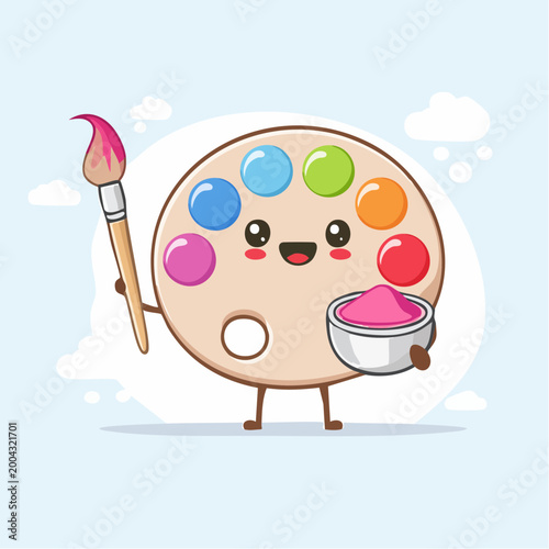 Cute Cartoon Paint Palette Holding Brush and Pigment