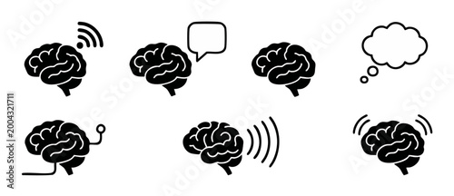 Brain Icon Set with Communication and Connectivity Symbols for Mental Health, Artificial Intelligence, Creative Thinking, and Cognitive Networking Concepts on White Background for Web and UI Design Pr