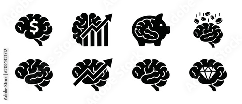 Brain Icon Set for Business and Finance: Creative Thinking, Wealth Growth, Financial Strategy, and Intellectual Property Symbols in Flat Minimalist Black Vector Style for Infographics and UI Design