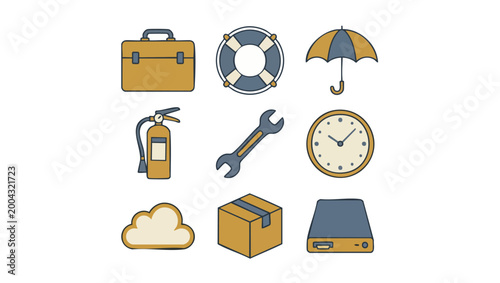 Business Icons Set Collection: Briefcase, Lifesaver, Umbrella, Fire Extinguisher, Wrench, Clock, Cloud, Package, and Hard Drive. Flat Vector Graphics for Web Design, UI, Infographics, and Professional