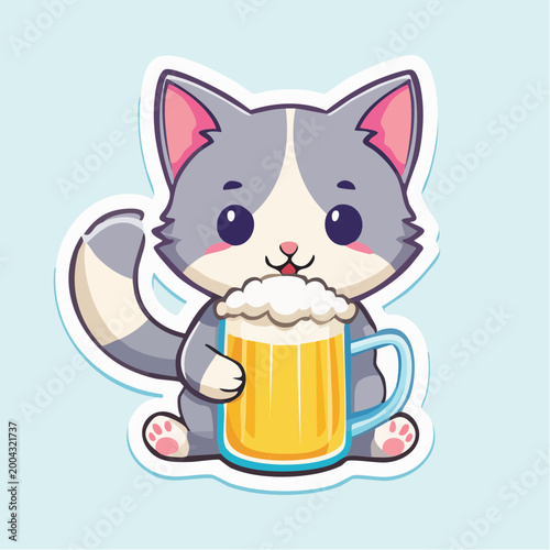Cute cartoon cat holding a mug of beer