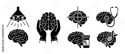 Brain medical icon set flat black vector design, neurological health symbols for research, clinical diagnosis, mental therapy, surgery and pharmaceutical treatment concepts for healthcare infographics