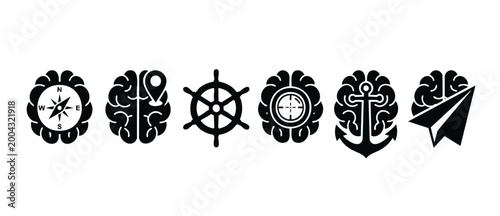 Brain Icons Set with Navigation Symbols, Compass, Anchor, and Steering Wheel for Mental Strategy, Mindset Coaching, Cognitive Development, Creative Thinking, and Problem Solving Concepts, Vector Illus