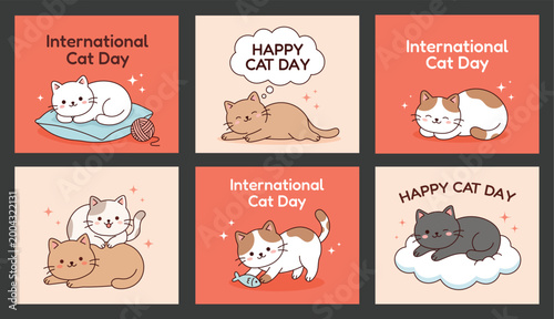 International cat day greeting card set with cute kawaii kittens in various poses
