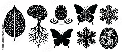 Human Brain Symbol Icons Set, Creative Mind Metaphor Design Elements, Black Vector Graphics of Butterfly, Snowflake, Earth, and Tree Roots for Psychology, Biology, Education, and Mental Health Concept
