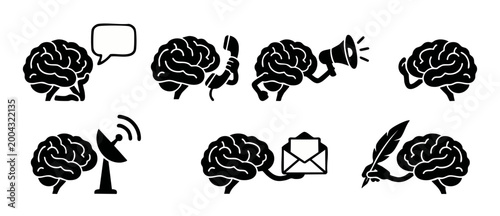 Brain Communication Icons Set, Human Thinking and Connection Symbols for Digital Messaging, Strategy, Creativity, Social Media Interaction and Information Exchange, Minimalist Vector Black Graphic Col