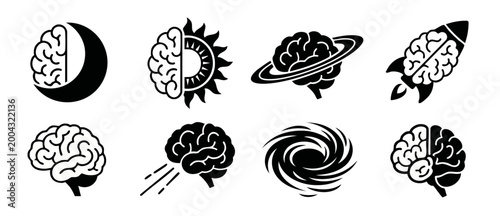 Brain and Universe Symbol Set, Creative Concept Icons for Intellectual Growth and Science, Human Mind Abstract Vector Illustrations, Psychology Thinking Shapes and Cosmic Intelligence Graphics Black W