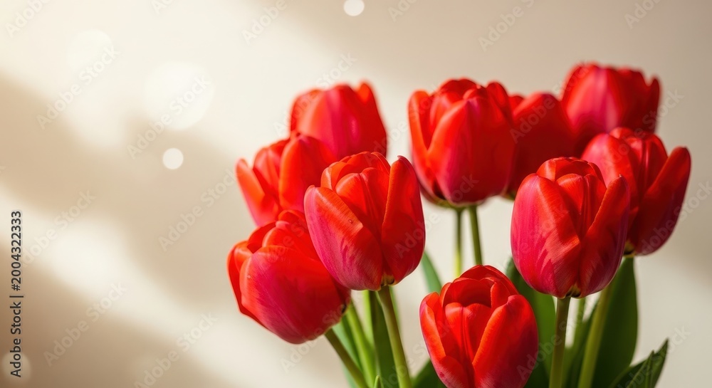 Fototapeta premium Bright vibrant red tulips in close-up floral arrangement with natural stems and leaves flowers
