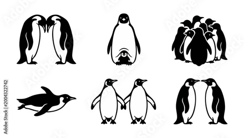 Penguin Icons Set Black and White Vector Illustration of Cute Antarctic Birds in Various Poses Including Swimming Standing and Huddle Group isolated on White Background for Wildlife Logo Design Projec