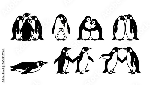 Penguin vector set, cute emperor penguin silhouettes in various poses, hugging, walking and swimming icons for design, wildlife animal collection isolated on white background, simple minimalist graphi