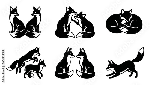 Fox Logo Set Vector Collection, Minimalist Black Silhouette Icons of Cute Wild Animals in Various Poses for Branding, Wildlife Illustration Design Elements for Creative Graphic Projects and Nature Sym