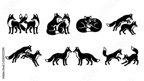 Fox Pair Silhouettes Set, Cute Wild Animal Icons for Design, Vector Collection of Playing and Sleeping Foxes in Minimalist Black and White Graphic Style for Branding, Logo, and Wildlife Illustration