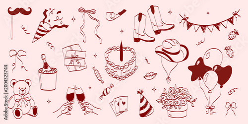 Birthday celebration doodle set with party cake, champagne and balloons. Hand sketched festive icons perfect for greeting cards, vintage invitations and fun event designs. Outline whimsical symbols