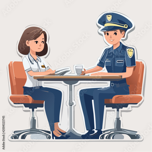 Police Officer and Civilian Discussing Matters at a Table