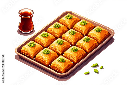 Pistachio Baklava with Turkish Tea – Traditional Sweet Pastry on Copper Tray Vector