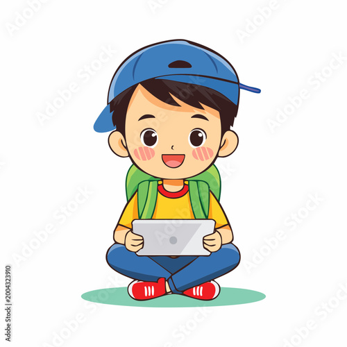 Cute Boy with Backpack and Tablet